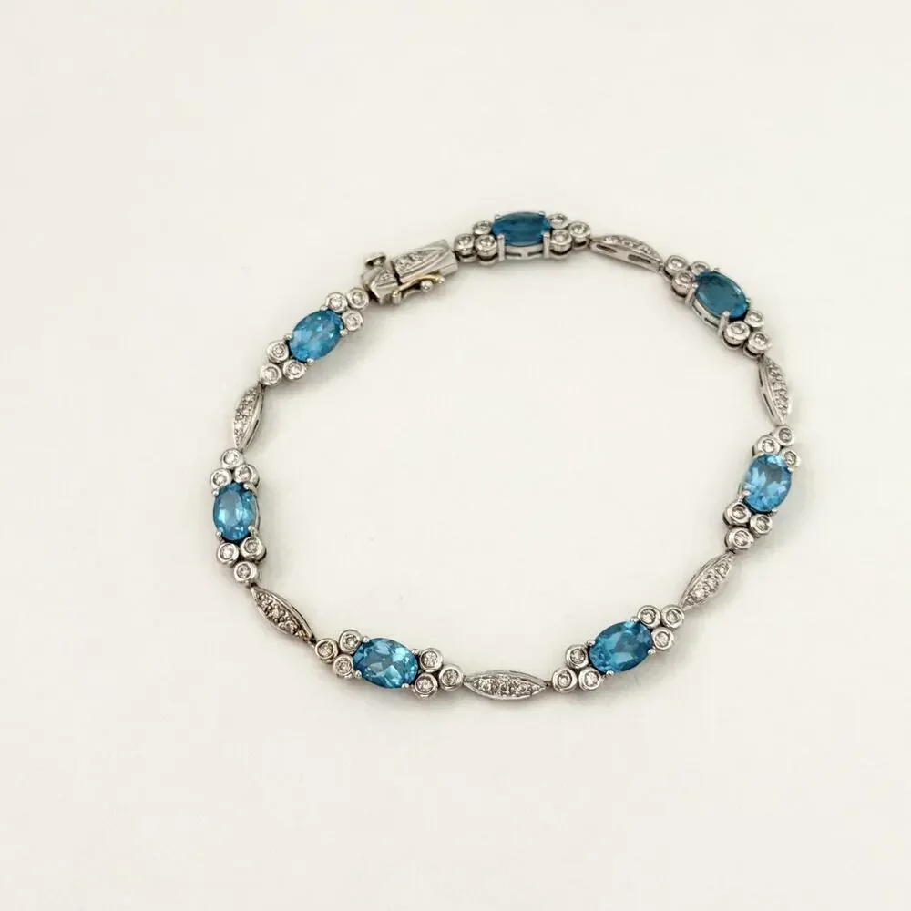 14K White Gold Blue Topaz & Diamond Bracelet